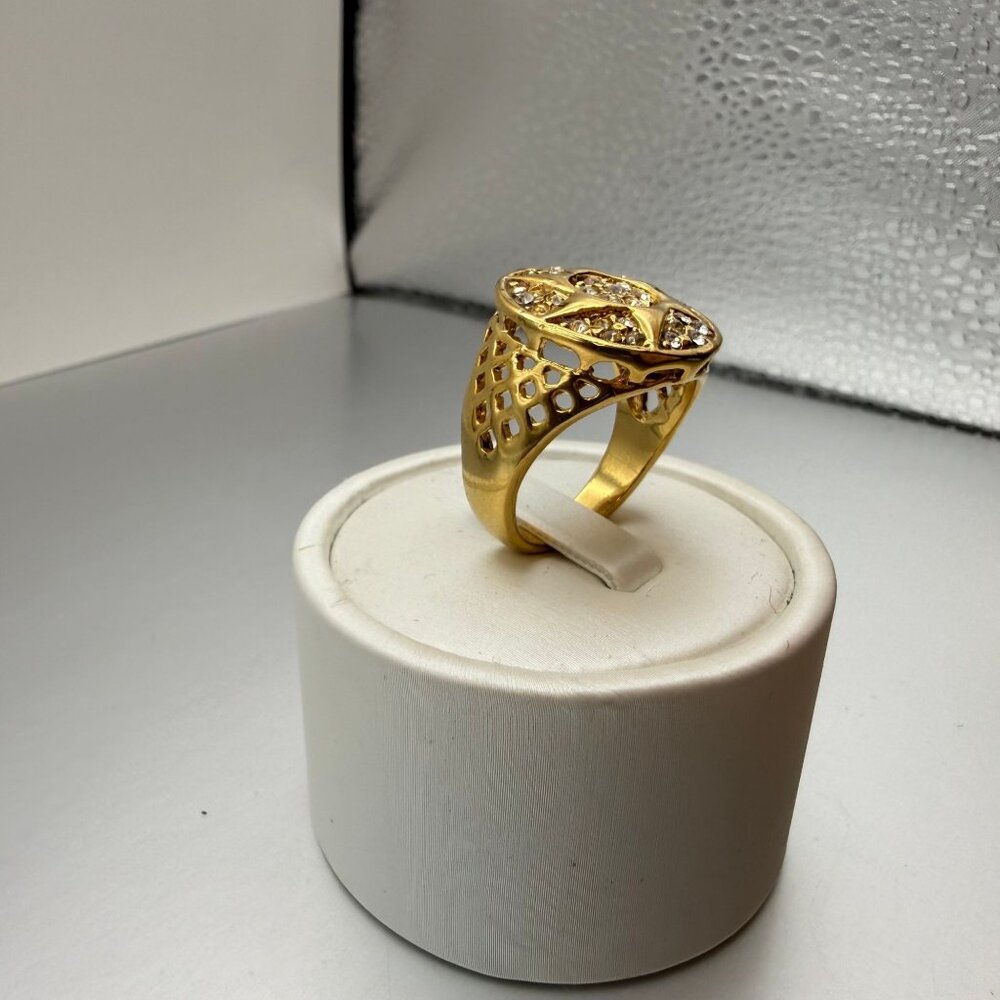 Bold Gold Tone Rhinestone Starburst Signet Ring Size 12 | Vintage Patina Stateme - Picture 8 of 11